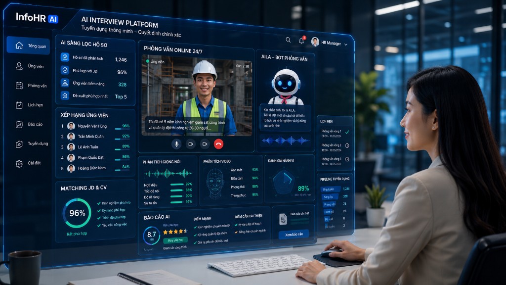 InfoHR AI / AILA — Dashboard phỏng vấn thông minh: sàng lọc CV, AI Interview, phân tích giọng nói & video, báo cáo AI